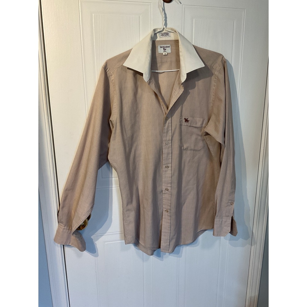 Club International Button Down Mens 15R Tan Good Pinstripe Contrast Collar